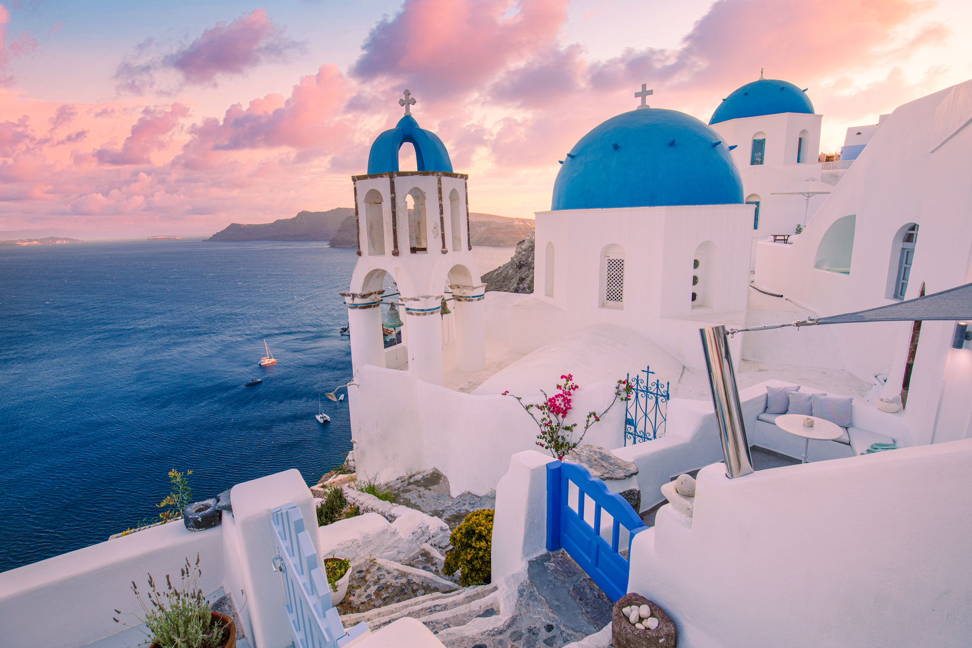 Sunset over the white village of Santorini, Greece