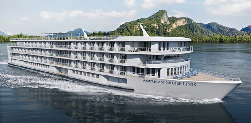 An American Cruise Lines riverboat on a quiet river