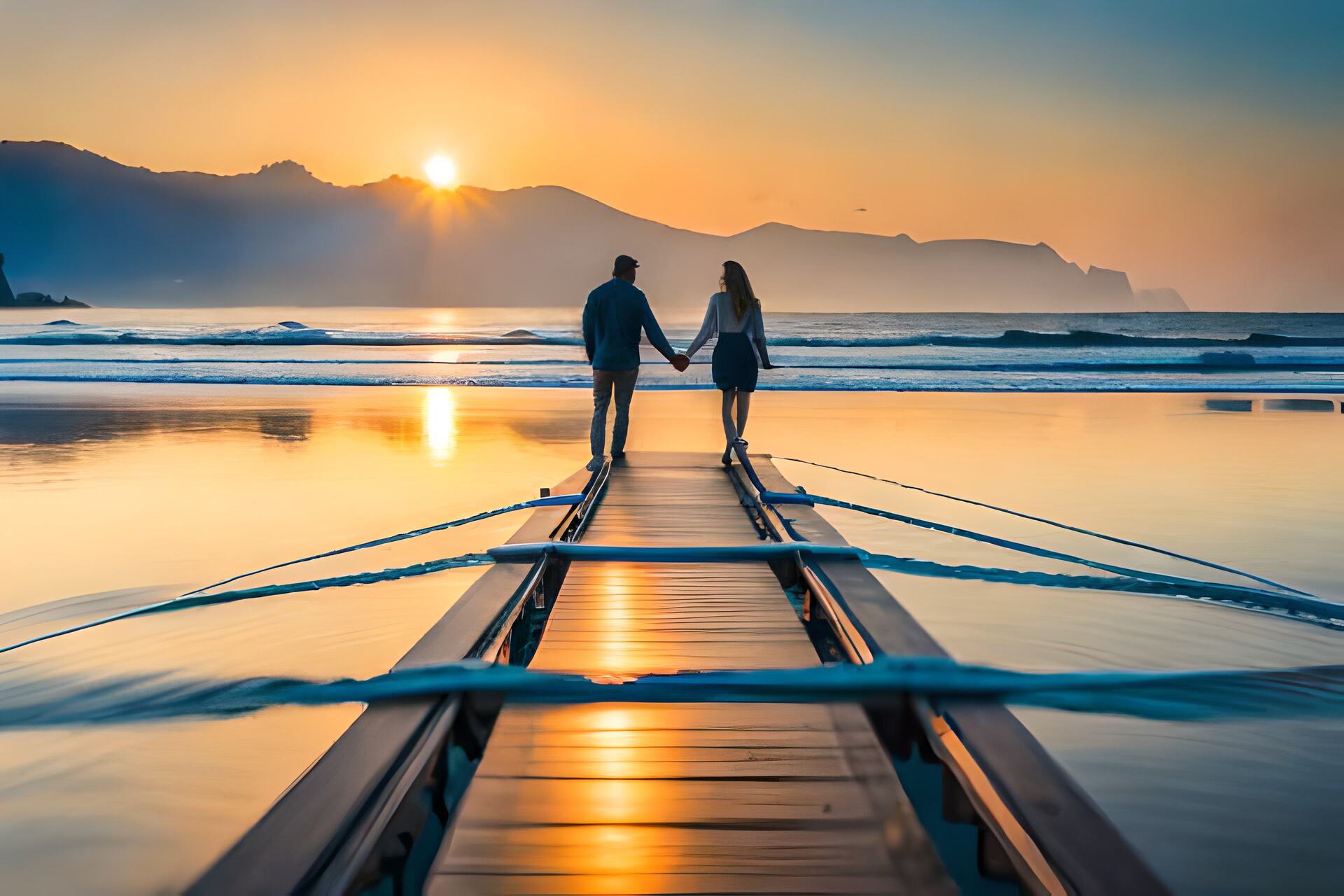 Couple walking together on a wooden pier